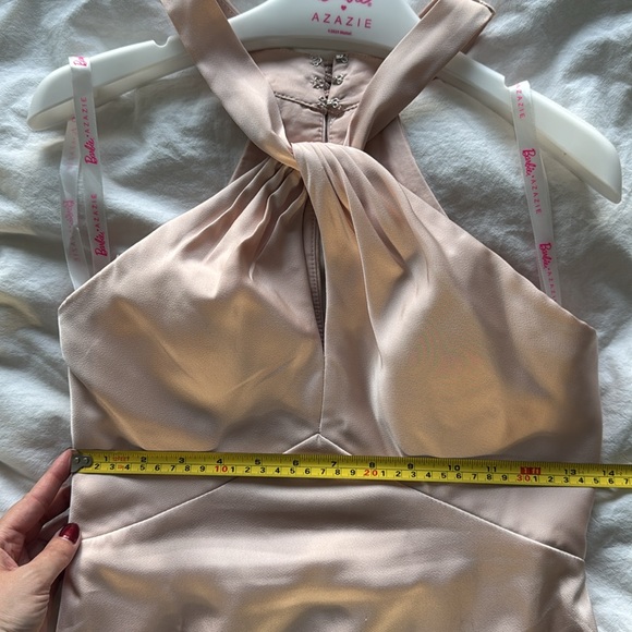 Azazie Keyhole Halter Stretch Satin Sheath Dress - Picture 12 of 14